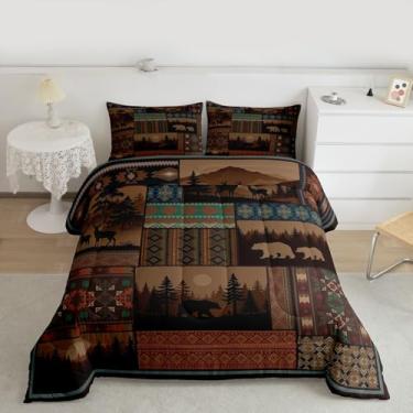 Imagem de Feelyou Conjunto de edredom queen com urso, rústico, asteca ocidental, boêmio, vintage, campestre para crianças, meninos, meninas, quarto, chalé, floresta, cervo, decoração de microfibra laranja