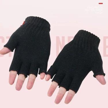 Imagem de Luvas quentes de meio dedo de lã preta pura quente de inverno preto - 