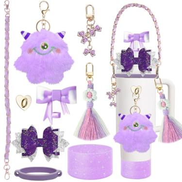 Imagem de Acessórios Stanley Cup, conjunto Bling Bling, incluindo capa de palha, capa de silicone, alça de couro para garrafa de água e pingente Stanley Cup, adequado para copo Stanley de 850 g e 1,134 g (roxo)