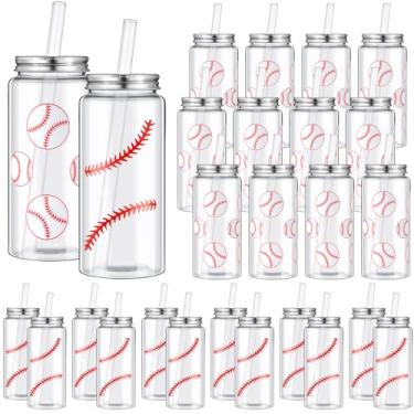 Imagem de Maxdot Pacote com 24 copos de plástico de beisebol de 402 g com tampa e canudo copo de beisebol a granel com tampa e canudo transparente reutilizável garrafas de suco copo para lembrancinhas de festa