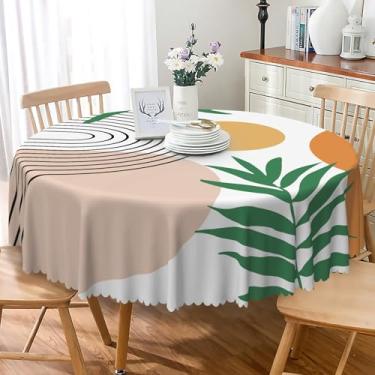 Imagem de SIEDYCV Toalha de mesa redonda de meados do século 152 abstrata folha verde boho tecido arco toalha de mesa poliéster resistente a rugas e óleo capa de mesa boêmia, lavável para decoração de jardim