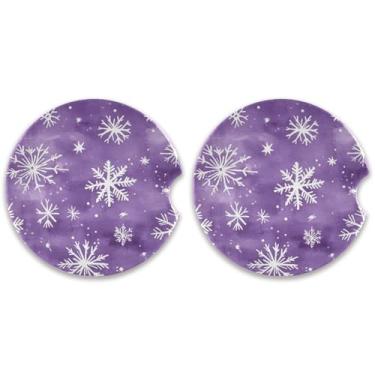 Imagem de KEEPREAL Pacote com 2 porta-copos de carro de floco de neve de inverno para bebidas absorventes, porta-copos de cerâmica para seu carro com aderência na ponta dos dedos, decoração de Natal, 6,3 cm