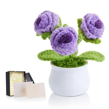 Imagem de LAIDANLA Flores de crochê gradiente rosas roxas mini vaso feito à mão apreciação dia dos namorados, presente de aniversário de Natal para mulheres, flores tricotadas para painel de carro decoração de