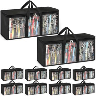 Imagem de Pacote com 10 sacos de armazenamento de DVD, organizador de mídia de PVC transparente com zíper e alças, estojo empilhável de armazenamento de DVD para álbuns, videogames, filmes, caixas VHS