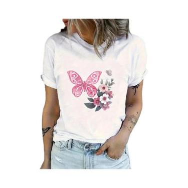 Imagem de Camiseta Gráfica Casual Feminina Com Estampa De Borboleta Rosa Estilo 