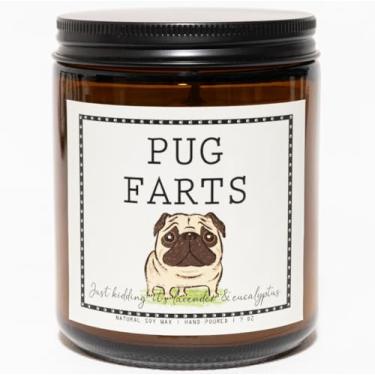 Imagem de Vela com cheiro de pug farts - presentes e decoração de pug, presentes para mães de cachorro - vela perfumada de cera de soja de lavanda e eucalipto, queima 50 horas