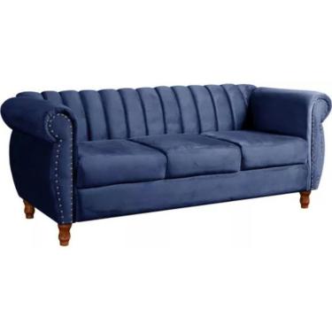Imagem de Sofá Chesterfield 3 Lugares Realeza Vintage Retrô Suede Azul Marinho