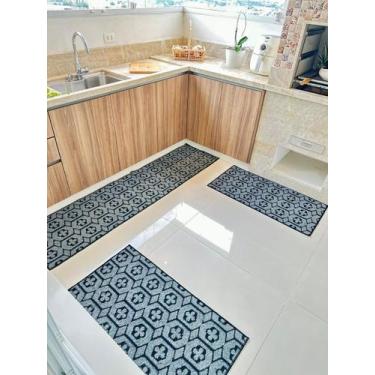 Imagem de Tapete de Cozinha Jogo 3 Peças Geométrico - New Shop Textil, Cinza Atl