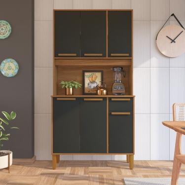 Imagem de Cozinha Compacta Lagos 6 Portas 1 Gaveta MDF 90,6CM freijó-chumbo com Puxadores em MDF...