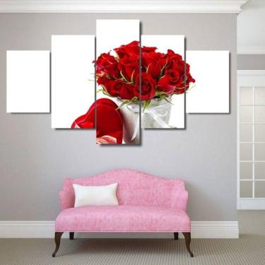 Imagem de Quadro Decorativo Rosa Vermelha 5 partes 130x65 em teci