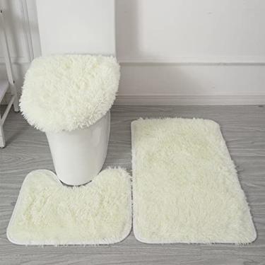 Imagem de Tapete de banho 3 peças/conjunto de pelúcia capa de banheiro almofada de pé absorvente antiderrapante tapete de banheiro de flanela macio tapete de banho, cremoso, branco