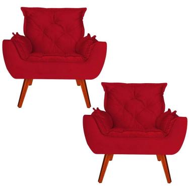 Imagem de Kit 02 Poltronas Decorativa Melissa Pés Madeira Suede Vermelho
