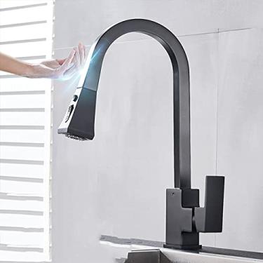 Imagem de Torneira misturadora de água fria quente Torneira de água da cozinha Torneira da pia da cozinha preta Punho único Rotação giratória em graus, Sensor Preto fosco, Tamanho único