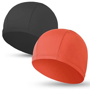 Imagem de Toucas de natação de tecido 2 peças para mulheres e homens e crianças tecido durável não impermeável elástico touca de banho para cabelos longos e curtos (preto e laranja)