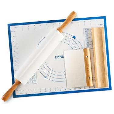 Imagem de Kook Conjunto de rolo de massa de mármore, 45,7 cm com alças de madeira de faia, suporte de madeira, raspador de metal, tapete de silicone, antiaderente, para assar massa de pizza, pastelaria,