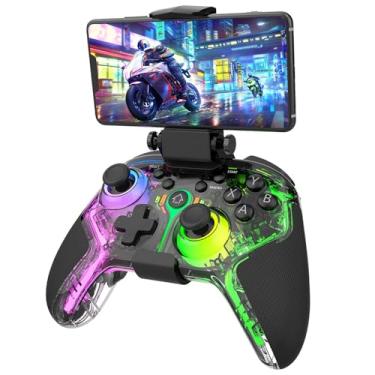 Imagem de Controlador de jogo sem fio para Nintendo Switch/PC/Android/iOS/PS4/PS3 com luz RGB, vibração de motor duplo, função Turbo, teclas programáveis, gatilho ajustável, com suporte para telefone (preto)