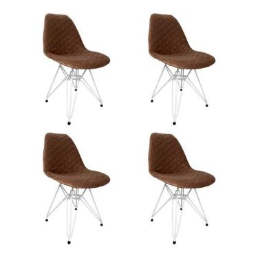Imagem de Kit 4 Cadeiras Jantar Estofadas Caramelo Eiffel Eames Base Ferro Branc