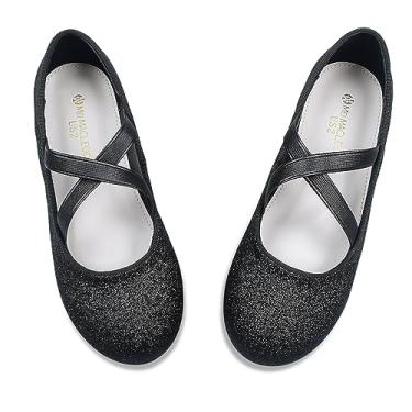 Imagem de ZGDG Sapatos femininos Mary Jane com glitter, sapatilhas, bailarinas, salto baixo, vestido de festa de casamento, sapatos escolares com tira elástica para crianças, Preto, 16