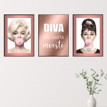 Imagem de Quadros Salão Beleza Diva Rosê Gold Decorativos Kit 3 Peças - camaleao