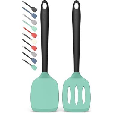 Imagem de Coukre Conjunto de 2 espátulas de silicone, resistente ao calor, espátula de cozinha livre de BPA, espátula sólida e ranhurada para frigideiras antiaderentes, refogar e virar (2, verde-aqua)