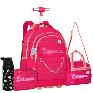 Imagem de Kit Mochila Rodinha Luluca Juvenil + Lancheira + Estojo Clio, Rosa