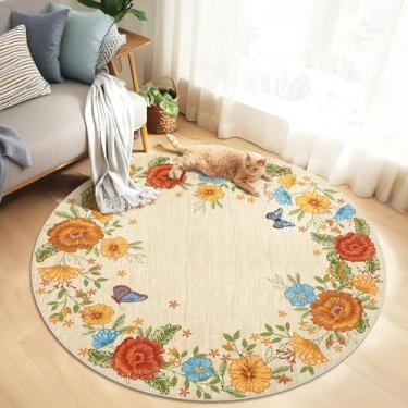 Imagem de COZYLOOM Tapete redondo lavável 1,2 m moderno tapete de área de quarto floral tapete antiderrapante tapete macio baixo resistente a manchas para sala de estar, berçário, dormitório, 1,2 m x 10,2 m,