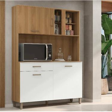 Imagem de Kit Cozinha Toscana Completa Com Armários Estantes E Nichos Para Utensílios E Eletrodomésticos Branco Ripado