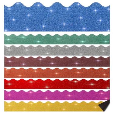 Imagem de Fuutreo 32 peças de bordas magnéticas com glitter para bordas de quadro de avisos de sala de aula quadro branco magnético tiras de brilho em forma de onda guarnição de quadro de avisos escolar para