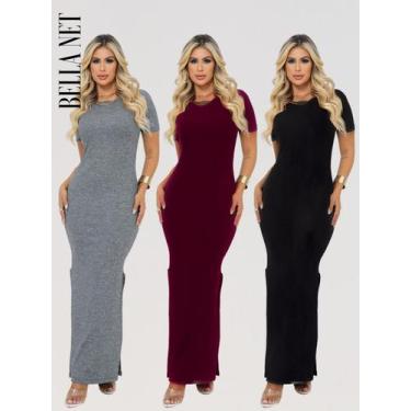 Imagem de KIT 3 Vestidos Longos com Fendas Lindo Manguinha e Gola Redonda Canela