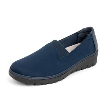 Imagem de ACANER Mocassins Ortopédicos Femininos, Bico Redondo, Confortáveis, Sem Cadarço, Para Trabalho, Calçados Ortopédicos Elásticos Para Caminhada Com Suporte De Arco (Azul-Marinho, 9)