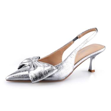 Imagem de SHOBOO Sapatos Sociais Femininos De Salto Alto Com Tira Elástica, Bico Fino E Slingback, Estilo Gatinho, Elástica - 6,4 Cm Altura (Prata, Adulto, Feminino, 6,5, Numérico, Sistema Tamanhos Calçados D
