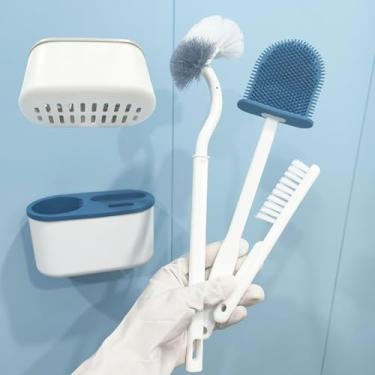 Imagem de Conjunto de escova de banheiro com suporte, kit de limpeza de 3 peças com escova de silicone e suporte de armazenamento