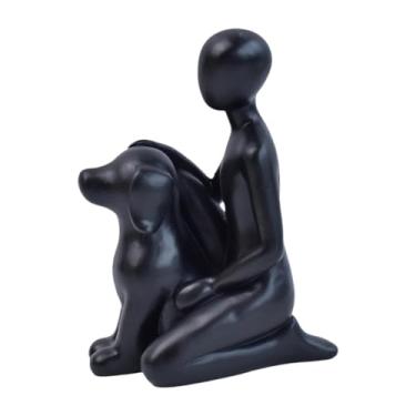 Imagem de Bothyi Estatueta de resina de família de homem e cachorro, escultura de vínculo emocional fofa para demonstrar amizade, decoração para casa, Preto