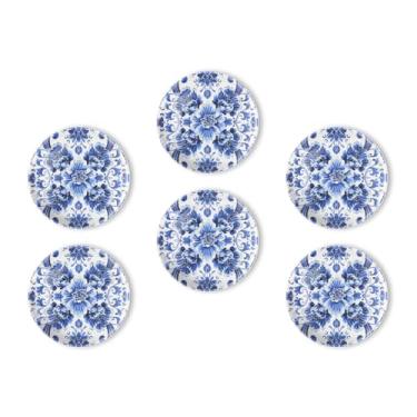 Imagem de Ímãs de geladeira 6 peças padrão de porcelana azul e branca composição simétrica redondo forte vidro magnético pequeno ímã de geladeira, decoração de casa para quadros brancos, salas de aula, armário