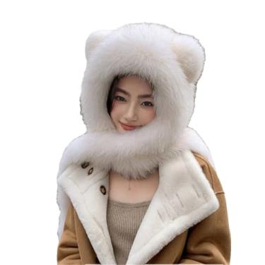 Imagem de Chapéu feminino quente de inverno fofo casual cachecol chapéu de palha de pele à prova de vento branco tamanho único