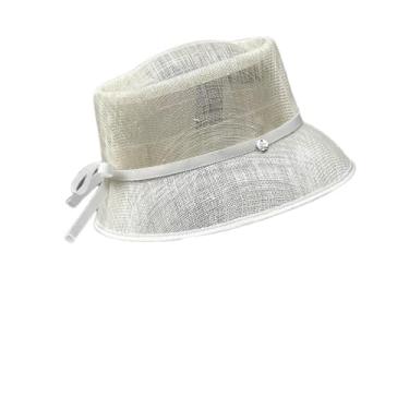 Imagem de Chapéu de palha feminino com fio de cânhamo decoração elegante chapéu de palha casual côncavo chapéu balde de teto creme laço M 55-57 cm
