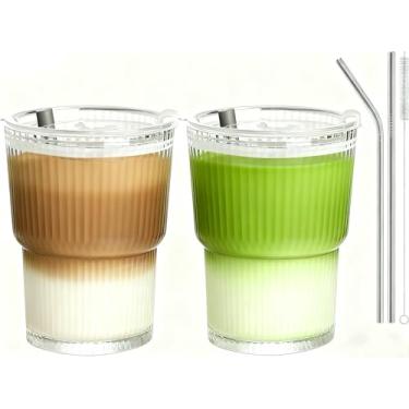 Imagem de AFINSEA Copo de vidro de 368 g com tampa e canudo de vidro, xícara de café gelado, copos de vidro transparente reutilizáveis para água, chá gelado, café, suco, perfeito para uso diário e em movimento