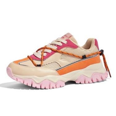 Imagem de LUCKY STEP Tênis feminino plataforma colorido tênis retrô colorblock ajustável estilo de vida elegante fofo pai grosso casual sapatos de caminhada, Bege/Laranja, 36