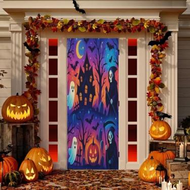 Imagem de Wassud Decoração de porta de casa assombrada assustadora faixa interna externa varanda decoração de casa grande decoração de porta da frente 96 x 98 polegadas