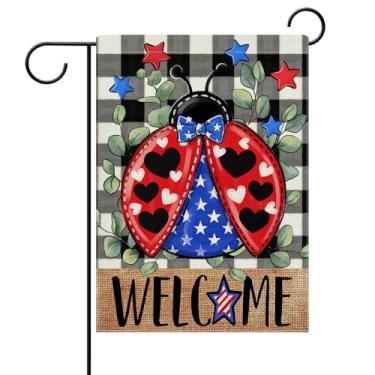 Imagem de Dyrenson Welcome 4th of July Ladybug Patriotic Decorative Garden Flag, America Buffalo Plaid Check Leaves Yard Outside Home Decoration, American USA Farmhouse Outdoor Small Decor Dupla Face 12 x 18