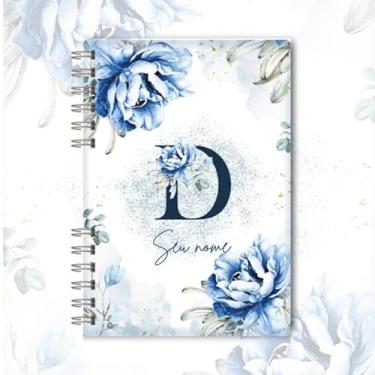 Imagem de Caderno A5 floral azul capa dura personalizado com inicial e nome, caderneta para anotações, caderno de anotações pautado ou sem pauta para estudo, organização e uso diário (D)