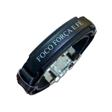 Imagem de Pulseira Bracelete Ajustável em Couro Preto Placa Foco Força e Fé - MA