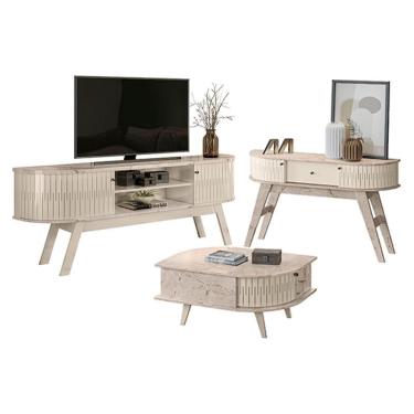 Imagem de Rack Bancada Valência e Aparador Estoril com Mesa de Centro Indianápolis Calacata Off White – Madetec