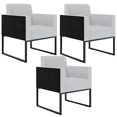 Imagem de Kit 03 Poltronas Decorativas Sala Base fixa Metal Helô L02 Linho Cinza Couríssimo Preto - Lyam Decor