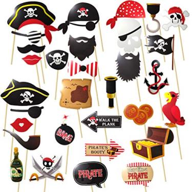 Imagem de Artigos de festa de pirata engraçados, acessórios de cabine de fotos de pirata, acessórios de aniversário para crianças, ideals, caribenhos, tratos de caveira, chapéus de pirata, espadas, telescópios, recortes de papagaio, vela marinha, decorações náuticas, festas, ideais 31 peças