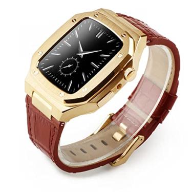 Imagem de DYIZU Pulseira de pulseira de couro pulseira caixa de relógio de metal para Apple Watch Series 7 se 6 5 4 3 iwatch acessórios modificados 41MM 44mm 45mm (Cor: bege, Tamanho: 45MM)