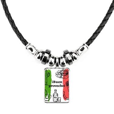 Imagem de DIYthinker Colar de cacto redondo com bandeira de culinária com desenho do México e pingente de corda de couro