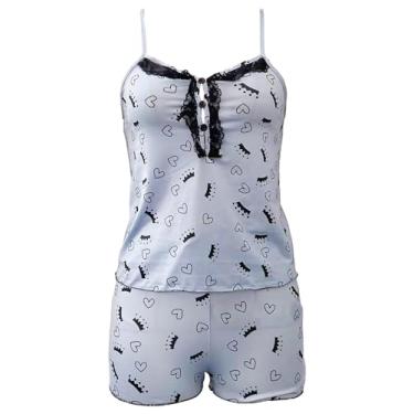 Imagem de Ztexkee Conjunto de pijama feminino, decote em V, top de renda e shorts de cintura elástica, conjunto de pijama estampado, Cinza, GG