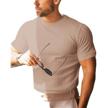 Imagem de Beotyshow Camisetas masculinas de malha canelada manga curta gola redonda slim fit stretch muscular camisetas básicas sólidas, Caqui, M