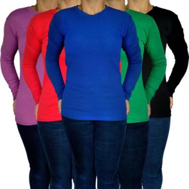 Imagem de Kit 5 Blusinhas Femininas Gola Alta Manga Longa Justas Lisas Cores Sor